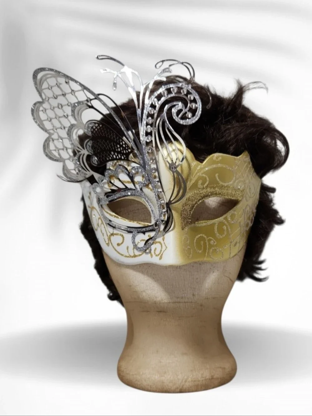 Silver & Gold Butterfly Inspired Masquerade Half Mask Ornate Filigree